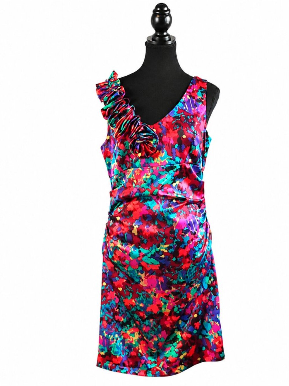 LONDON TIMES  Sleeveless V Neck Ruched Dress w/ Ruffle - 10